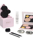 FIXY Makeup Repressing Kit displayed with circle pans, binder spray, grinder, makeup press, and removal tools for repairing broken makeup and depotting, including 10 empty circle makeup tins.