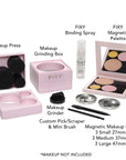 FIXY makeup repair kit shown with labeled components: makeup press, makeup grinding box, binding spray, magnetic palette, makeup grinder, custom pick/scraper and mini brush, and magnetic makeup pans.