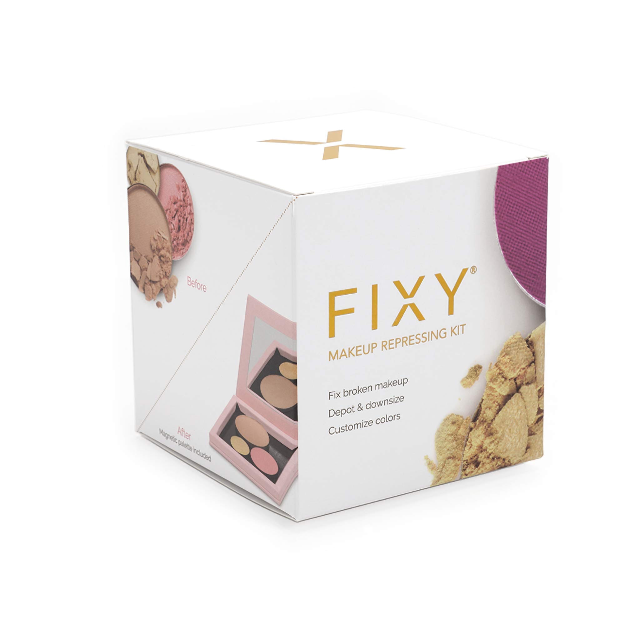 Packaging box of FIXY Makeup Repressing Kit Circle Pans with features listed: 'Fix broken makeup, Depot & downsize, Customize colors'. Visible on the box is a preview window showing the kit inside with crushed makeup powders, indicating the repair process.