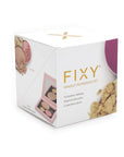 Packaging box of FIXY Makeup Repressing Kit Circle Pans with features listed: 'Fix broken makeup, Depot & downsize, Customize colors'. Visible on the box is a preview window showing the kit inside with crushed makeup powders, indicating the repair process.
