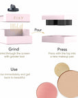 tep-by-step illustration of the FIXY Makeup Repressing Kit. 'Grind' step showing grinding of makeup, 'Pour' indicates transferring makeup to a pan, 'Press' step depicts pressing makeup into the pan, and 'Use' shows the finished pressed makeup pans ready for application.