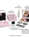 Components of FIXY Makeup Circle Repressing Kit include a Makeup Press, Grinding Box, Grinder, Binding Spray, Magnetic Palette, Custom Pick/Scraper with Mini Brush, and Magnetic Makeup Pans in three sizes. Each item is labeled for identification. Note: Makeup not included