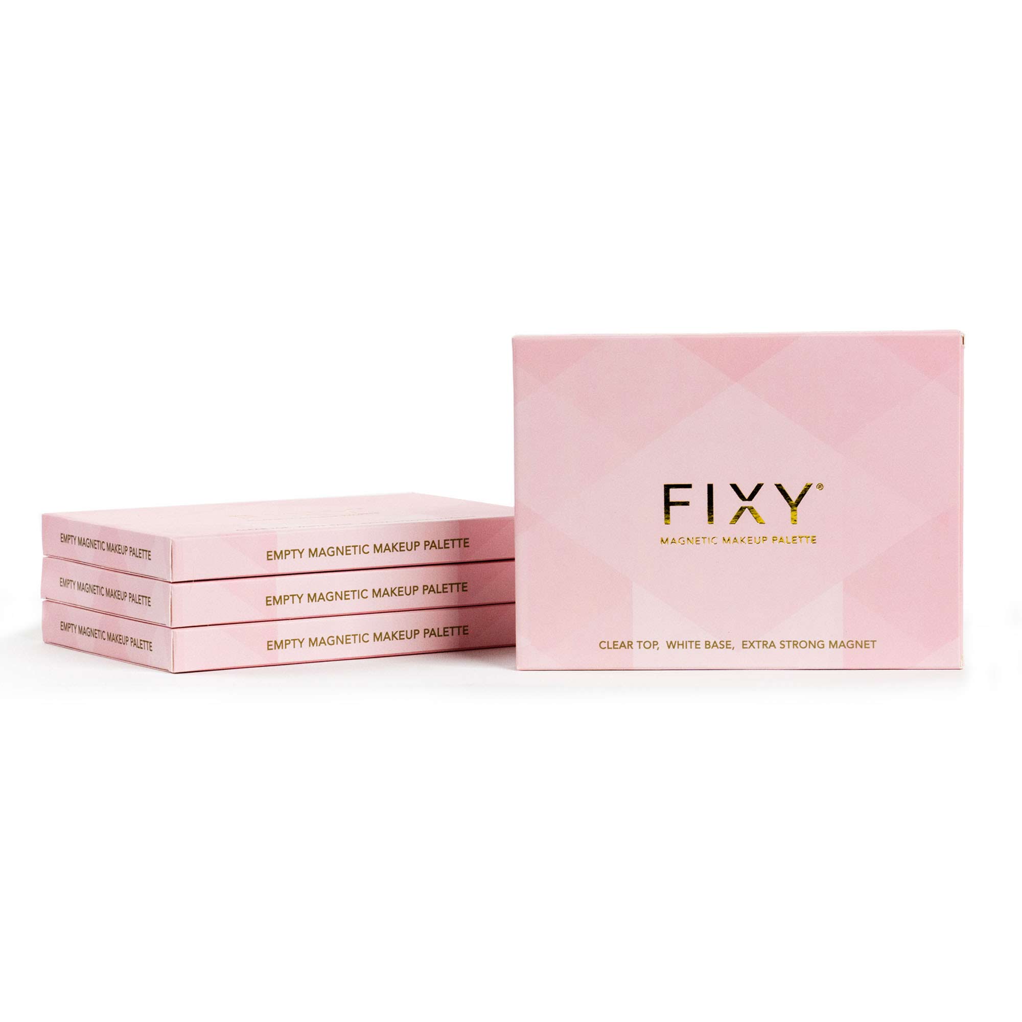 Four-pack of FIXY Magnetic Makeup Palettes stacked together, made from post-consumer recycled plastic, with a clear top, white base, and extra strong magnet, showcasing the brand&#39;s commitment to eco-friendly beauty solutions. Size Medium 4.3&quot;x5.7&quot;