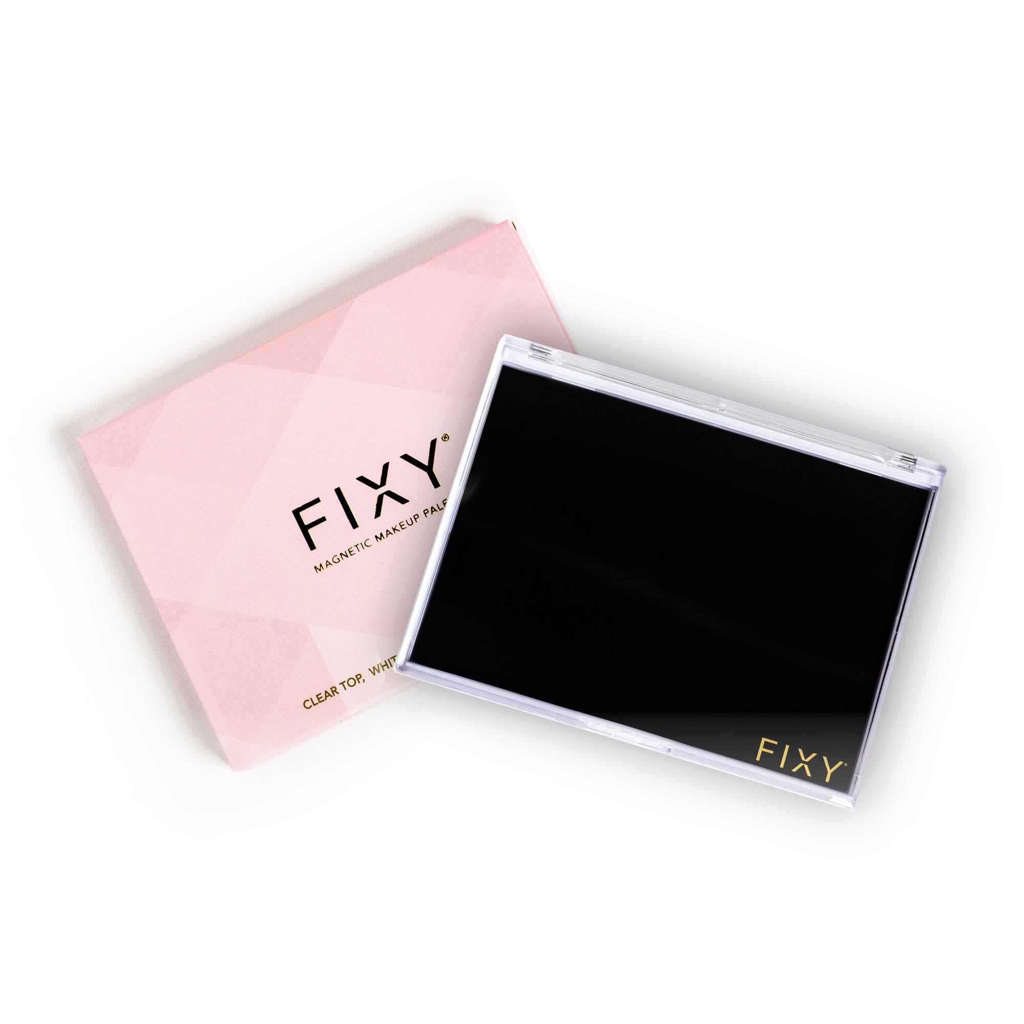 FIXY Medium 4.3x 5.7 Magnetic Makeup Palette, crafted from post-consumer recycled plastic, presented next to its geometric patterned box featuring a clear top, white base, and an extra-strong magnet, demonstrating the brand&#39;s eco-friendly packaging and product design.