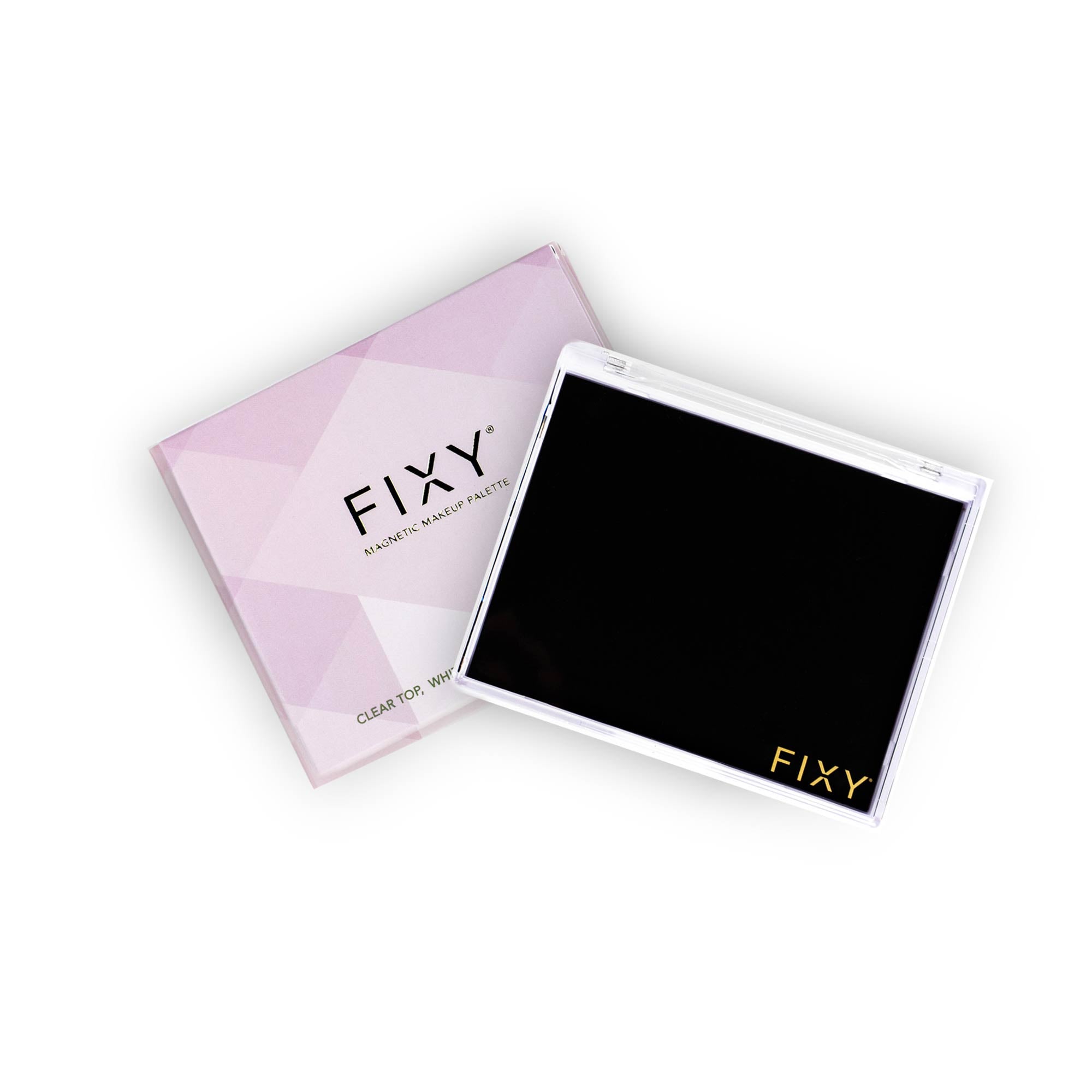 FIXY Small 4"x4.8" Magnetic Makeup Palette, crafted from post-consumer recycled plastic, presented next to its geometric patterned box featuring a clear top, white base, and an extra-strong magnet, demonstrating the brand's eco-friendly packaging and product design.