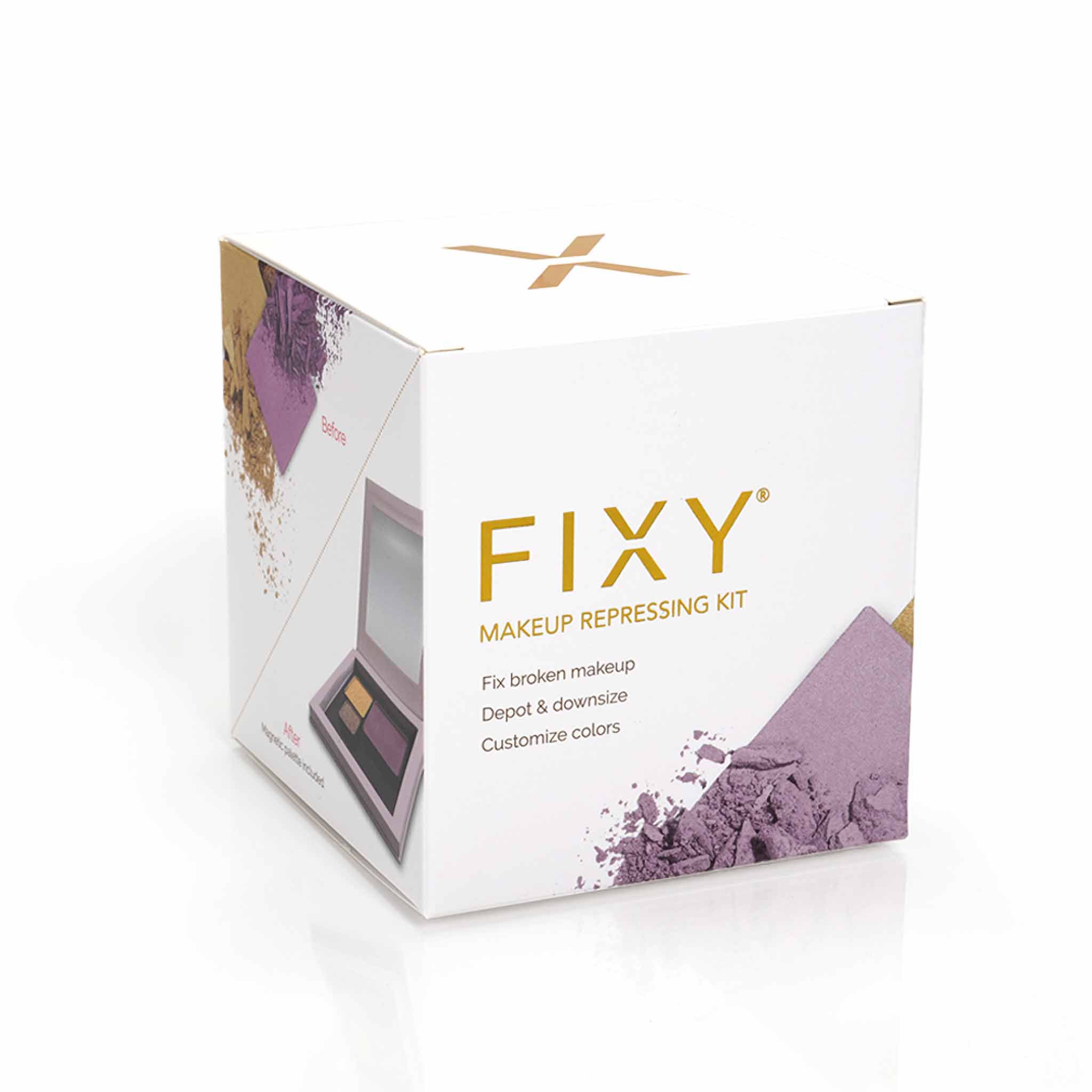 Packaging box of FIXY Makeup Repressing Kit for square makeup pans with features listed: &#39;Fix broken makeup, Depot &amp; downsize, Customize colors. Visible on the box is a preview window showing the kit inside with crushed makeup powders, indicating the repair process.
