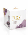 Packaging box of FIXY Makeup Repressing Kit for square makeup pans with features listed: 'Fix broken makeup, Depot & downsize, Customize colors. Visible on the box is a preview window showing the kit inside with crushed makeup powders, indicating the repair process.