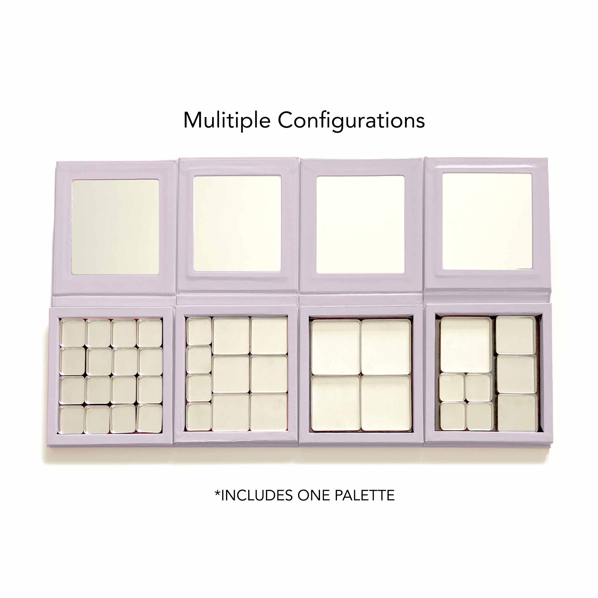 FIXY Magnetic Makeup Palette with different layout options, showcasing empty small, medium, and large square pan compartments for customizable makeup organization, with a note stating &#39;Includes one palette&#39;.