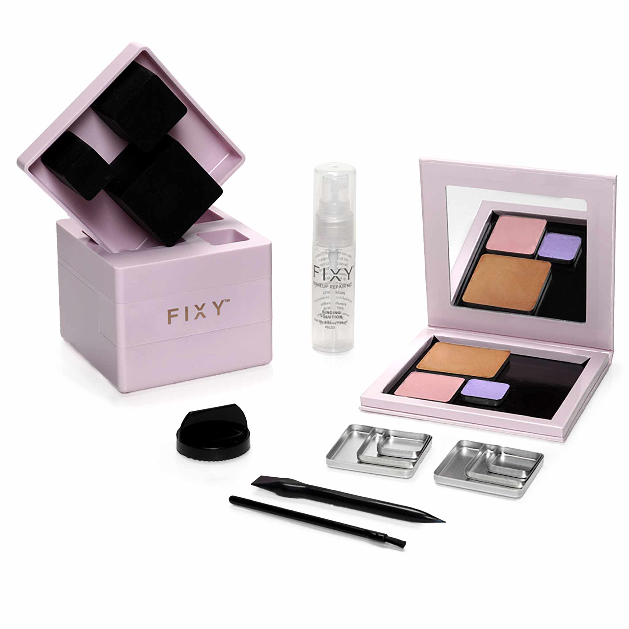 FIXY Makeup Repressing Kit with 10 empty square pans, binder spray, grinder, makeup press, empty magnetic palette, and removal tools for repairing broken makeup and depotting.