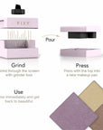 Step-by-step illustration of the FIXY Makeup Repressing Kit. 'Grind' step showing grinding of makeup, 'Pour' indicates transferring makeup to a pan, 'Press' step depicts pressing makeup into the pan, and 'Use' shows the finished pressed makeup pans ready for application.