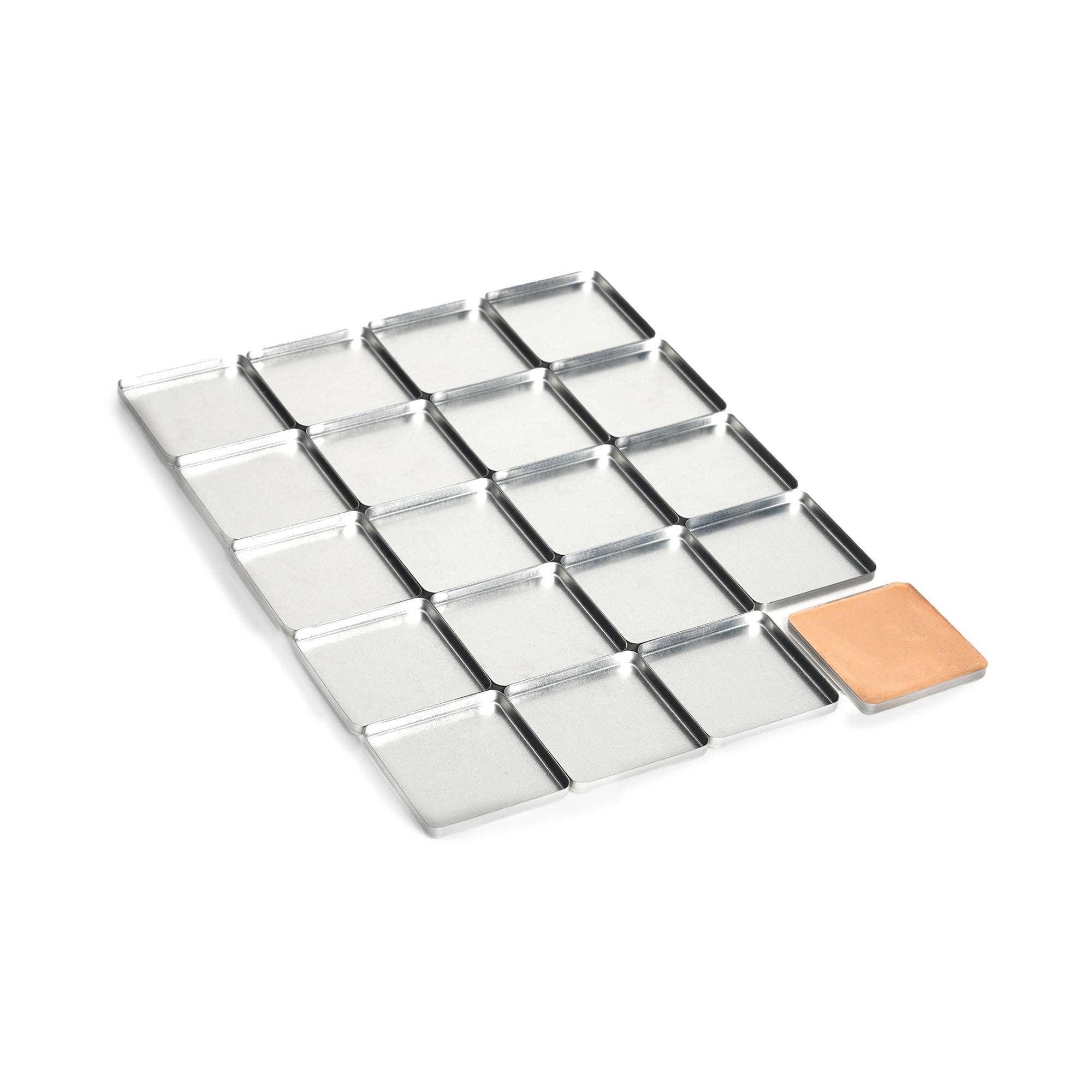 Twenty 20 square-shaped refill magnetic makeup pans, each measuring 41x41mm, for the FIXY Broken Makeup Repressing System, showcasing one pan with product to illustrate usage, ideal for repairing and customizing makeup