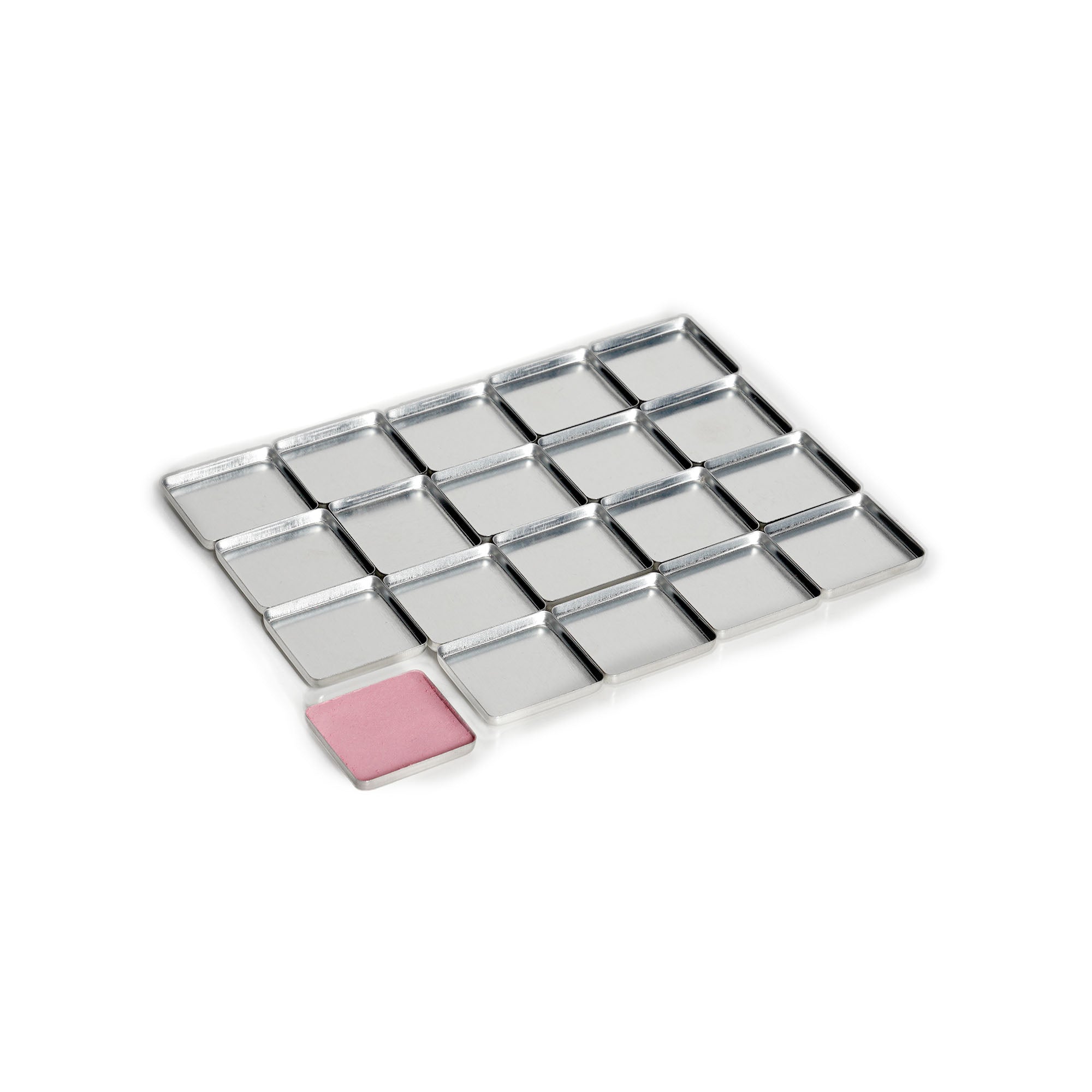 Twenty 20  square-shaped refill magnetic makeup pans, each measuring 31.5 x 28.5mm, for the FIXY Broken Makeup Repressing System, showcasing one pan with product to illustrate usage, ideal for repairing and customizing makeup