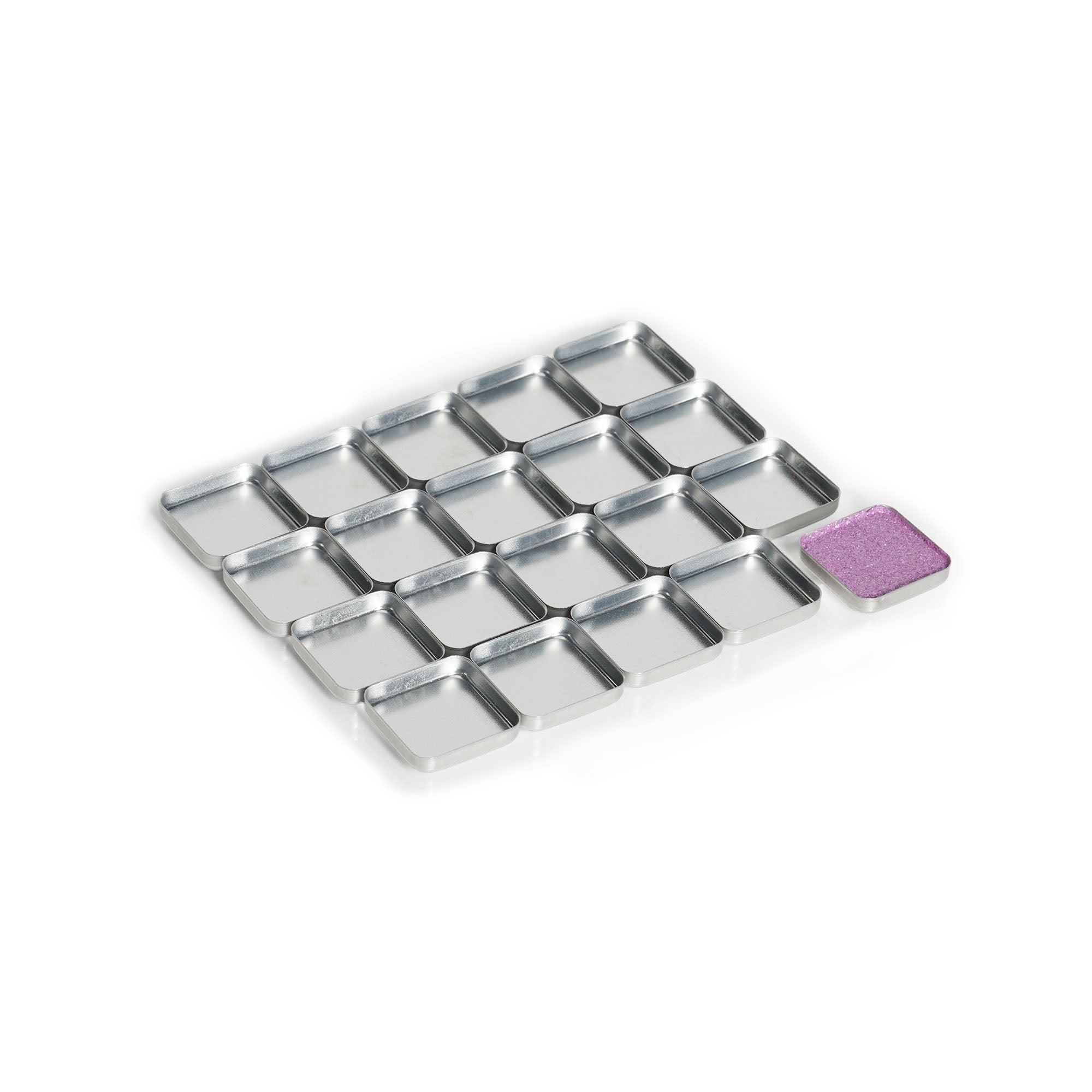 Twenty 20 square-shaped refill magnetic makeup pans, each measuring 21 x 21 mm, for the FIXY Broken Makeup Repressing System, showcasing one pan with product to illustrate usage, ideal for repairing and customizing makeup
