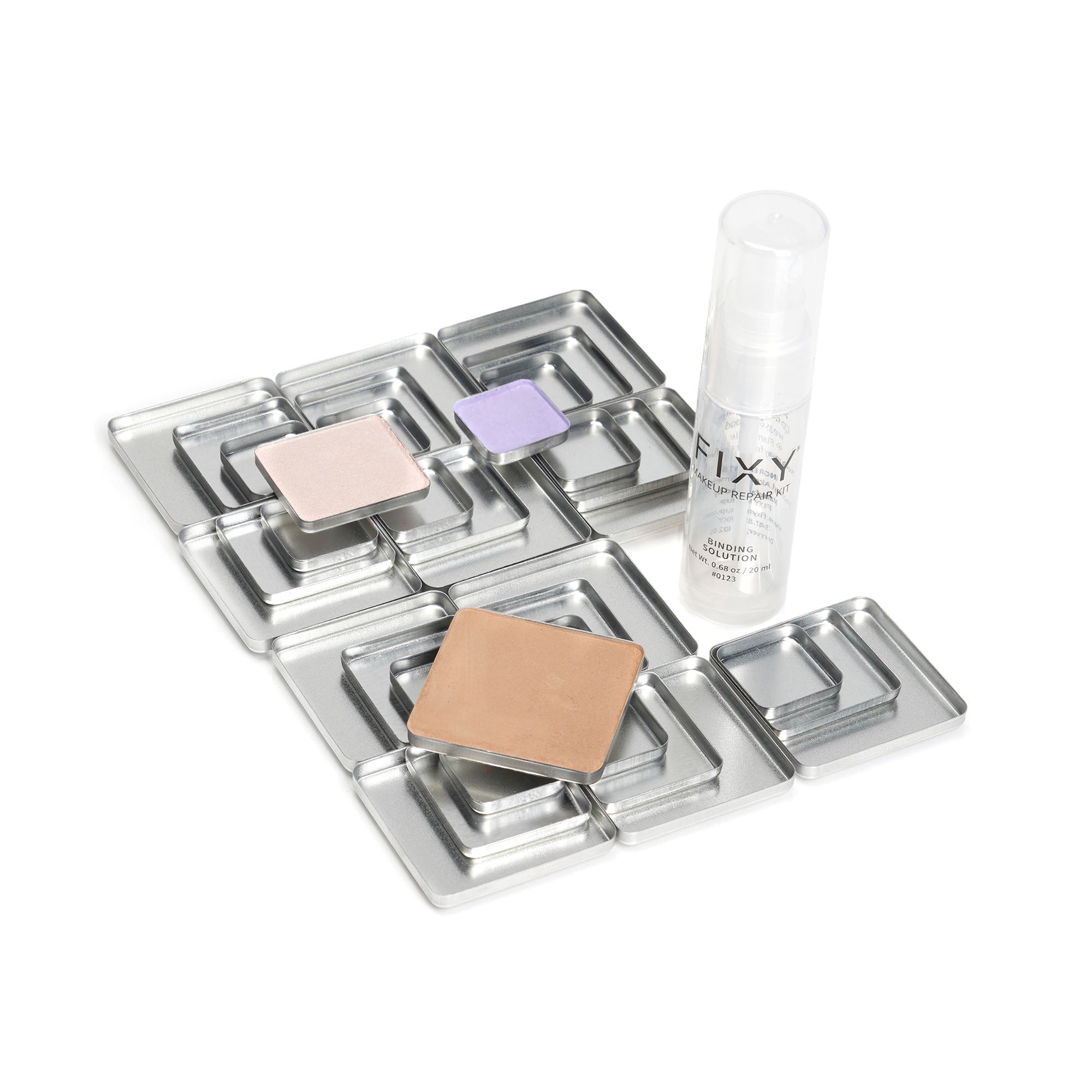FIXY Ultimate Makeup Refill Kit with 10 each of small (21x21mm), medium (31.5x28.5mm), and large (41x41mm) empty square magnetic pans, three pans filled with makeup for display, and a 0.68 oz FIXY Binding Spray bottle, for makeup repair and customization