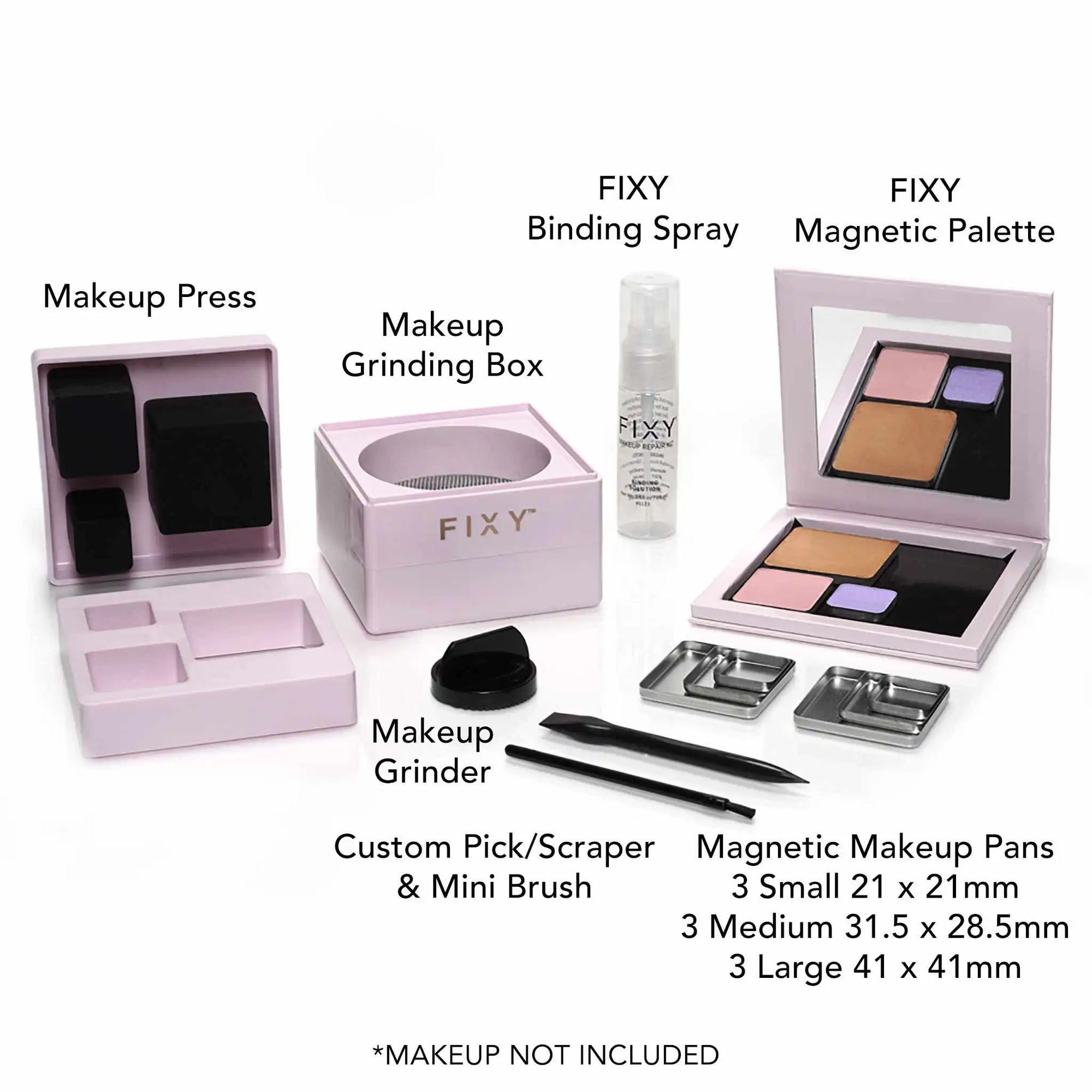 FIXY makeup repair depotting kit makeup press, makeup grinding box, binding spray, magnetic palette, makeup grinder, custom pick/scrapers and mini brush, and magnetic makeup pans in different sizes.