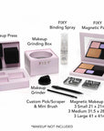 FIXY makeup repair depotting kit makeup press, makeup grinding box, binding spray, magnetic palette, makeup grinder, custom pick/scrapers and mini brush, and magnetic makeup pans in different sizes.