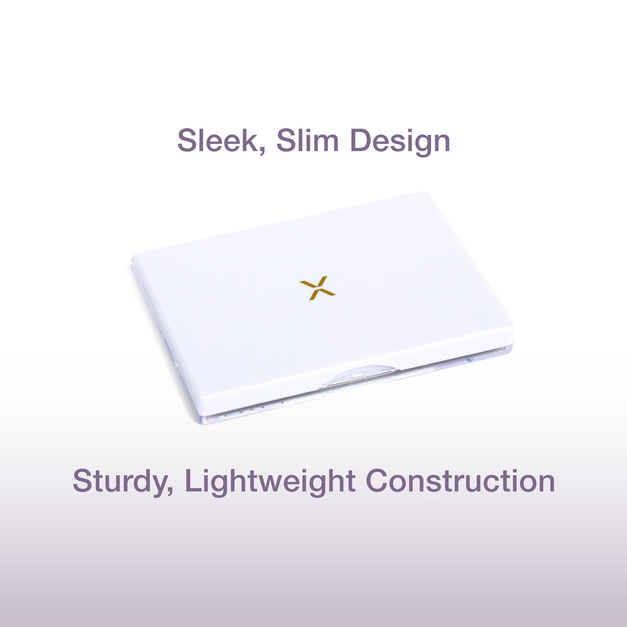 The FIXY small empty makeup palette presented with a sleek, slim design and sturdy, lightweight construction, featuring a simple white exterior with a subtle gold logo, embodying elegance and practicality for makeup storage and transport.