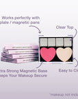 FIXY small empty magnetic palette clear light weightFIXY empty magnetic makeup palette with a clear top, filled with various shades of tinplate/magnetic pans, including a pink heart-shaped pan. Stacked palettes and descriptive callouts emphasize the palette's extra-strong magnetic base and easy-to-clean surface. Size Small