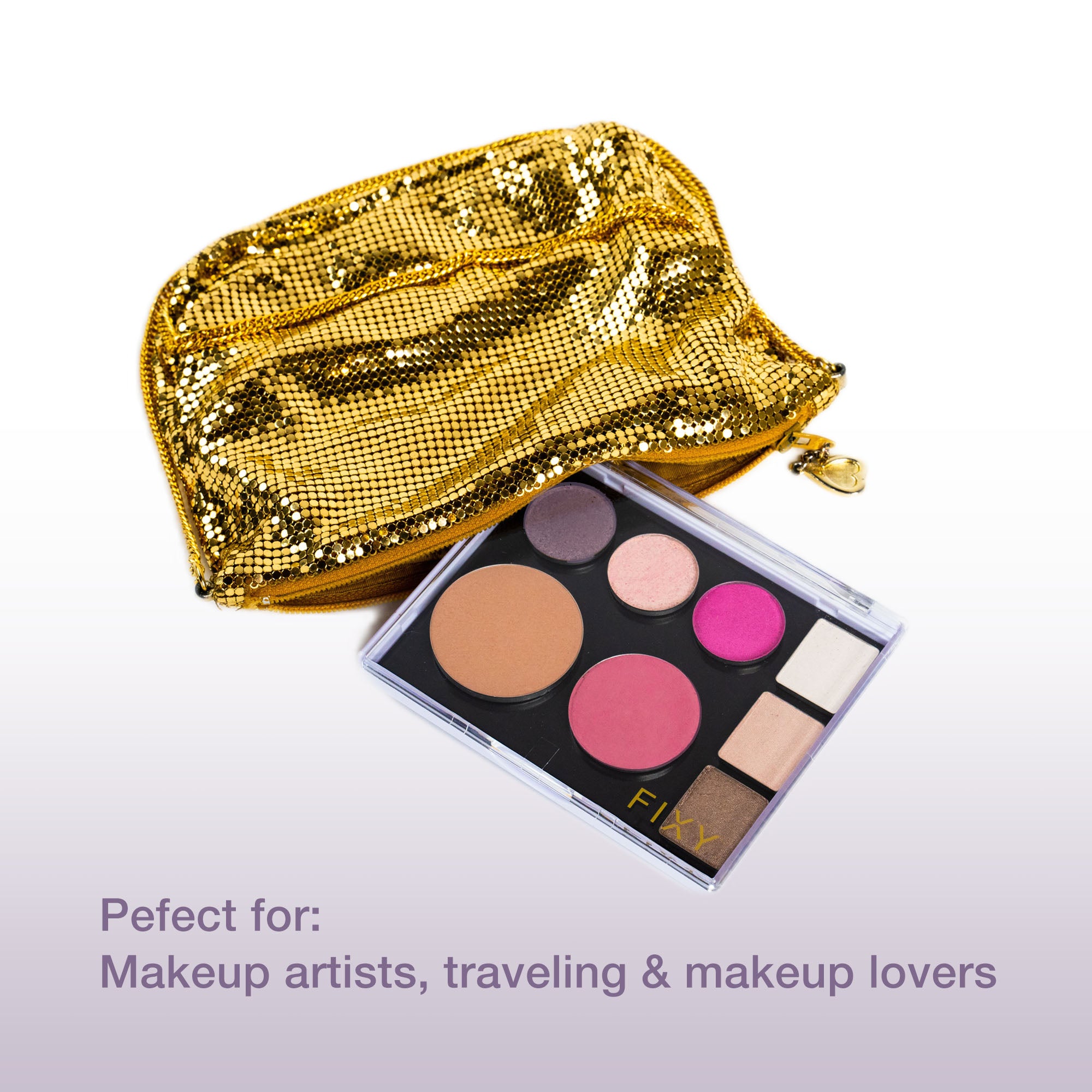 FIXY empty magnetic makeup palette customized with three medium eyeshadow pans, three small round eyeshadow pans, one large foundation pan, and a medium-sized blush pan, accompanied by a gold sequin hand bag, ideal for makeup artists, frequent travelers, and makeup lovers.